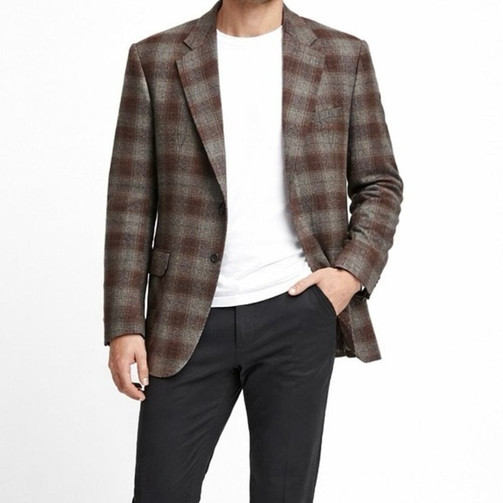 Vintage 70s Plaid Leisure Suit Jacket Mens JC Penney Wool Blend Brown USA 44R